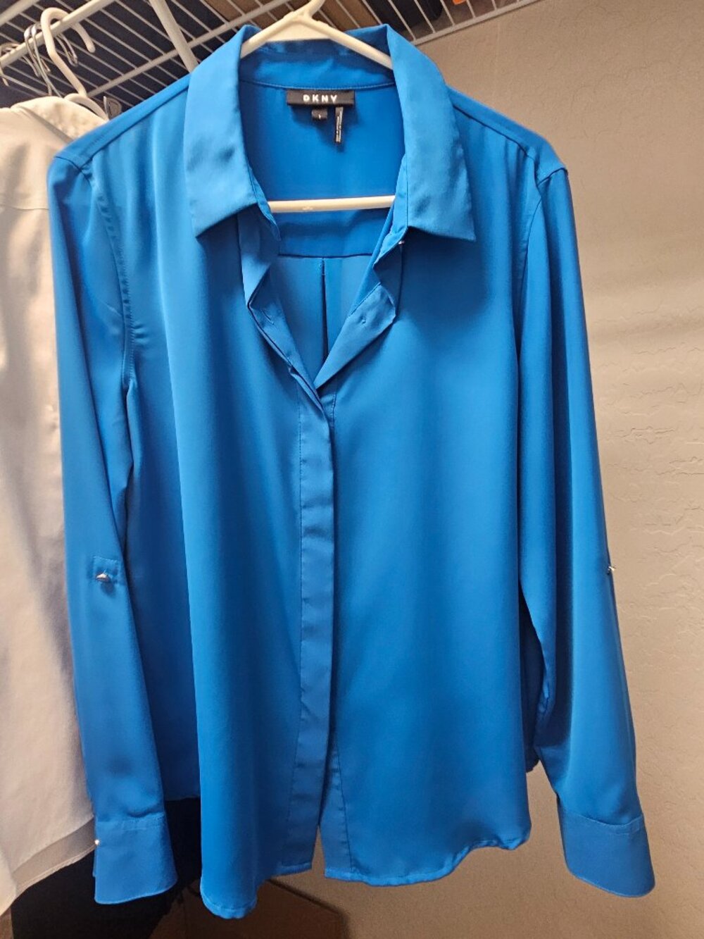DKNY Long Sleeve Button-Front Blouse - Blue - Size L